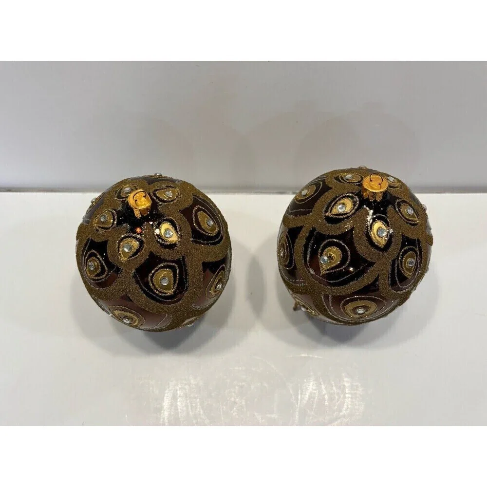 Vintage Hand Blown & Painted Glass Egg Christmas Ornament Diamond Glitter Set 2